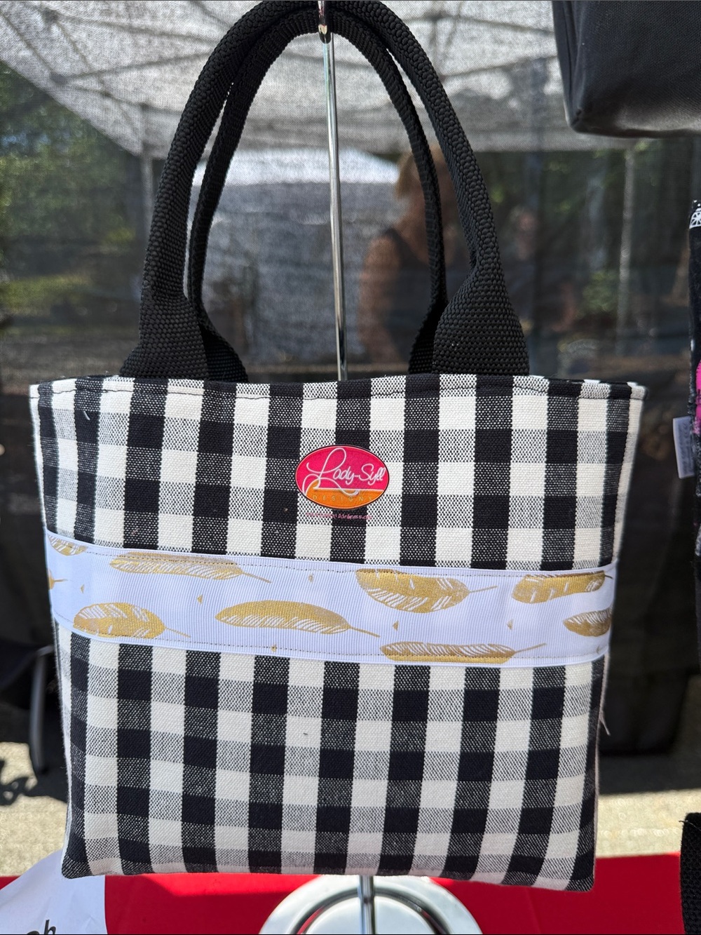 Black & White Gingham Tote with Gold Feather Trim